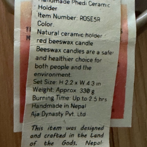 Handmade Ceramic Candle Holder and Rose Beeswax Candle Set Nepal World Col NWT - Picture 7 of 7